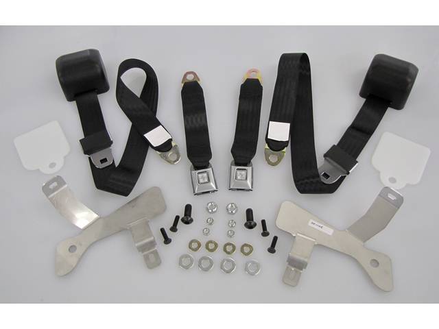 Seat Belt Conversion Set, Rear Seat, 3 Point Retractable, Black, w/ GM Mark of Excellence emblem, Incl Grade 8 Mounting Hardware, brackets and Instructions