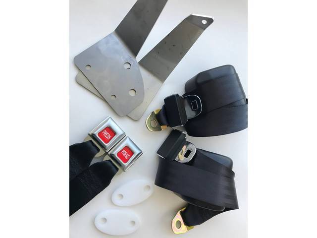 Rear Seat 3-Point Retractable Seat Belt Conversion Set, Black belts with Red Push Button in silver buckles, Reproduction for (1969)