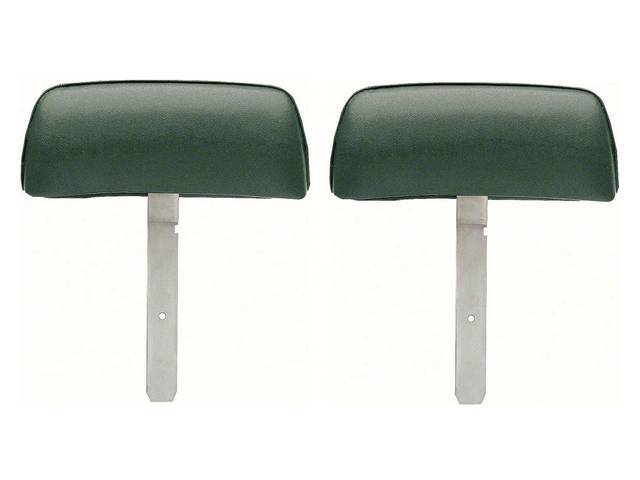 Head Restraint / Head Rest Assembly, Front Bucket Seat, Dark Green, 2nd design (curved bar / post), OER repro