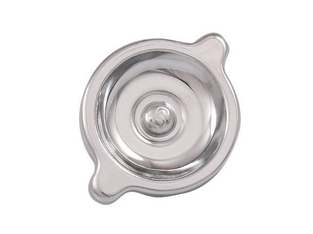 CAP, Oil Filler, twist on style, features correct rivet and *S* in the center, chrome plated finish, replaces original GM p/n 3851735, OE style repro
