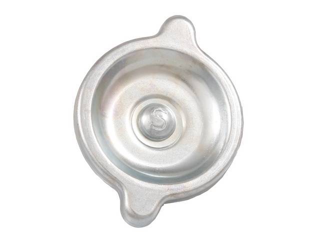 CAP, Oil Filler, twist on style, features correct rivet and *S* in the center, zinc coated finish, replaces original GM p/n 3851735, OE style repro