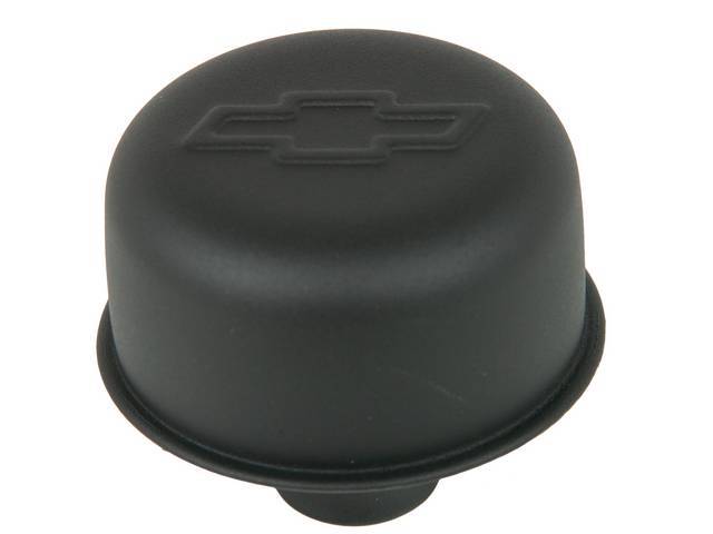 CAP / BREATHER, Oil Filler, push on for 1 1/4 inch o.d. hole, 3 inch o.d. cap / breather, black crinkle finish w/ embossed Chevrolet *bowtie*, GM licensed repro