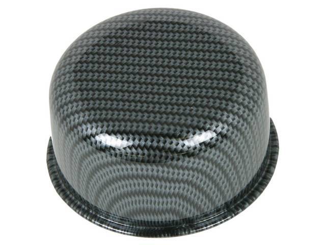 CAP / BREATHER, Oil Filler, push on for 1 1/4 inch o.d. hole, 3 inch o.d. cap / breather, carbon fiber finish w/ embossed Chevrolet *bowtie*, GM licensed repro