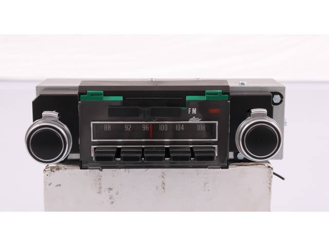RADIO, AM/FM, OE Appearing W/ dial front face (no digital display), Green backlight W/ Amber Dot, 180 Watt, 10 station presets (5 FM and 5 AM), features Bluetooth, fade and balance control, tone (bass / treble), LED lighting, antenna lead, 3 RCA jacks, 3.