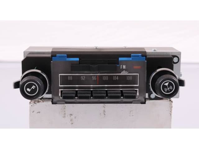 RADIO, AM/FM, OE Appearing W/ dial front face (no digital display), Blue backlight W/ Amber Dot, 180 Watt, 10 station presets (5 FM and 5 AM), features Bluetooth, fade and balance control, tone (bass / treble), LED lighting, antenna lead, 3 RCA jacks, 3.5