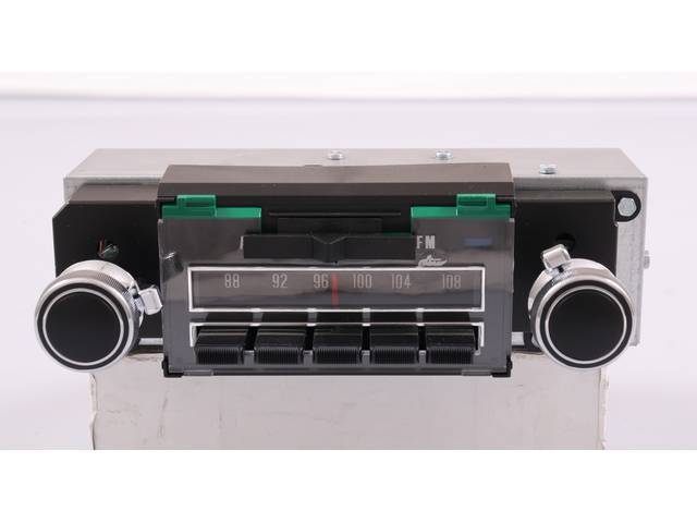 RADIO, AM/FM, OE Appearing W/ dial front face (no digital display), Green backlight W/ Blue Dot, 180 Watt, 10 station presets (5 FM and 5 AM), features bluetooth, fade and balance control, tone (bass / treble), LED lighting, antenna lead, 3 RCA jacks, 3.5