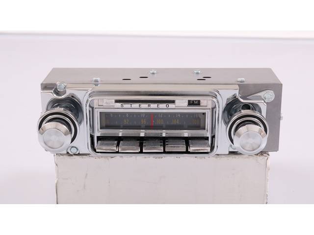 RADIO, AM/FM, OE Appearing W/ dial front face (no digital display), 180 Watt, 10 station presets (5 FM and 5 AM), features Bluetooth, fade and balance control, tone (bass / treble), chrome AM/FM slide bar, OE style dial scale for AM and FM w/ LED lighting