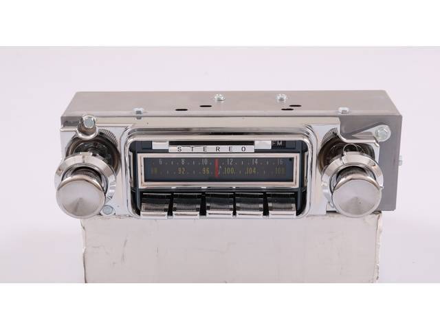 RADIO, AM/FM, OE Appearing W/ dial front face (no digital display), 180 Watt, 10 station presets (5 FM and 5 AM), features Bluetooth, fade and balance control, tone (bass / treble), chrome AM/FM slide bar, OE style dial scale for AM and FM w/ LED lighting