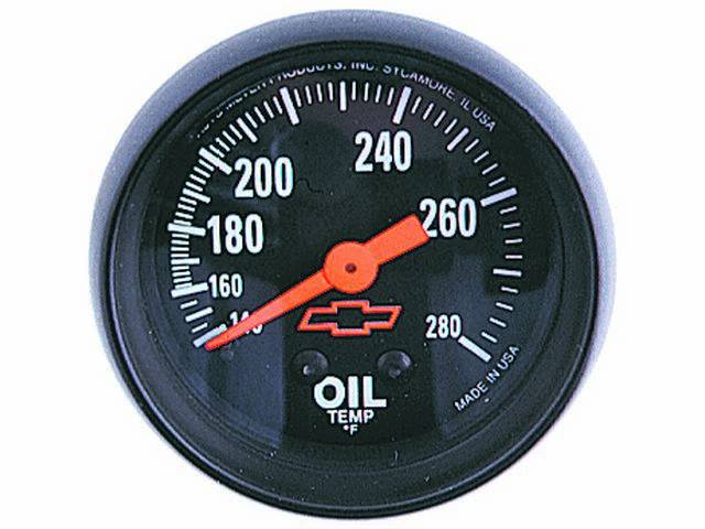 GAUGE, Oil Temperature, black face w/ white markings and red *Bowtie*, reads 140-280 degrees, fits 2 1/16 inch diameter hole, GM Performance