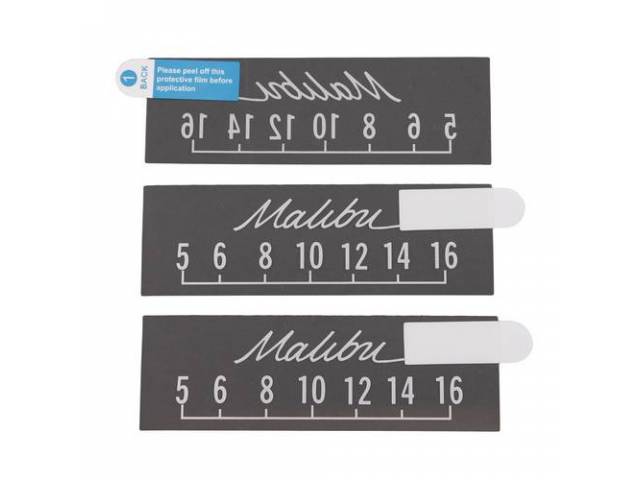 SCREEN PROTECTORS, (3), White, *Malibu* script lettering, Incl radio dial art work, Protects your Retrosound Radio face plate, Applies w/o adhesive