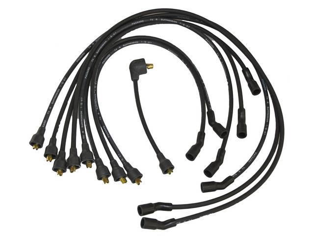WIRE SET, Spark Plug, OE Correct, features black wires w/ *PACKARD*, *TVR*, *SUPPRESSION* and *1-Q-67* date code, Repro