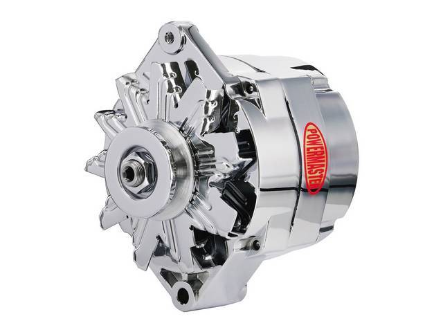 Alternator, New, Powermaster, Chrome Finish, 100 amp, 1 or 3 wire operation, GM 12si case, internal regulator, incl chrome single V-belt pulley and fan, straight mount 6.61 inch