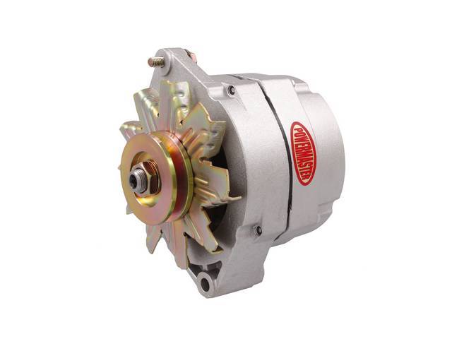Alternator, New, Powermaster, Natural Finish, 100 amp, 1 or 3 wire operation, GM 12si case, internal regulator, incl single V-belt pulley and fan, straight mount 6.61 inch
