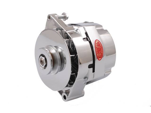 Alternator, New, Powermaster, Chrome Finish, 120 amp, 1 or 3 wire operation, GM 17si case, internal regulator, incl chrome single V-belt pulley and fan, straight mount 7.24 inch