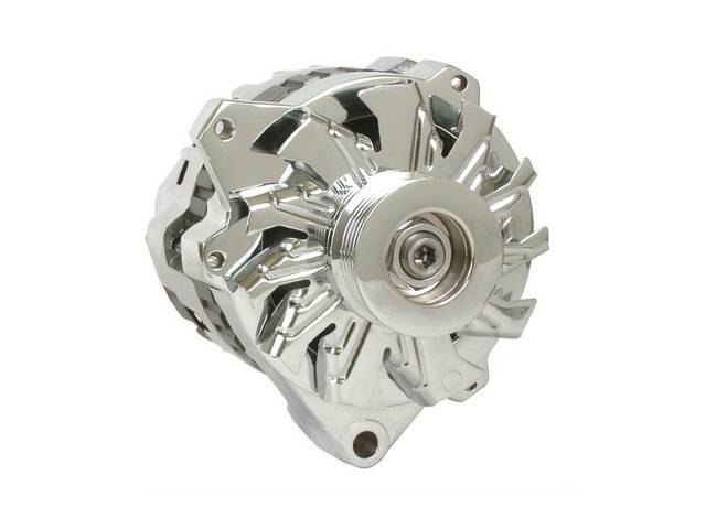 Alternator, New, Powermaster, Chrome Finish, 105 amp, 1 wire or OE-harness operation, GM CS130 case, internal regulator, incl chrome serpentine pulley and fan, offset left mount 4.63 inch