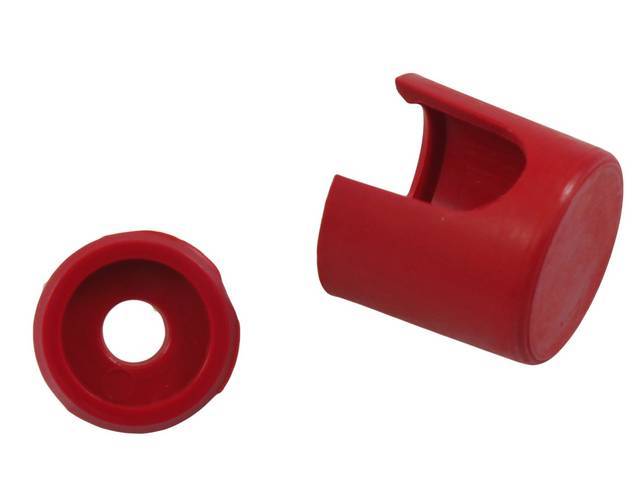 CAP / COVER AND RETAINER, Alternator Battery Terminal Protective, red, attaches behind the alternator post lead, OE style injection molded like GM, repro