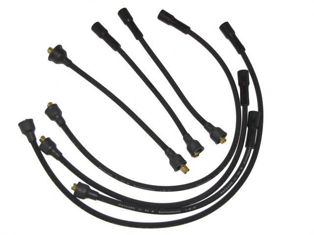 WIRE SET, Spark Plug, OE Correct, features black wires w/ *PACKARD*, *TVR*, *SUPPRESSION* and *1-Q-71* date code, Repro
