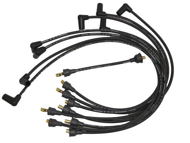 WIRE SET, Spark Plug, OE Correct, features black wires w/ *PACKARD*, *TVR*, *SUPPRESSION* and *1-Q-68* date code, Repro