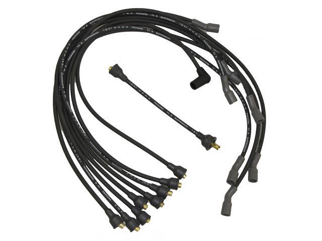 WIRE SET, Spark Plug, OE Correct, features black wires w/ *PACKARD*, *TVR*, *SUPPRESSION*, *H* w/ a lightning bolt and *1-Q-67* date code, Repro