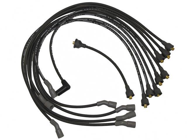 WIRE SET, Spark Plug, OE Correct, features black wires w/ *PACKARD*, *TVR*, *SUPPRESSION*, *H* w/ a lightning bolt and *3-Q-66* date code, Repro