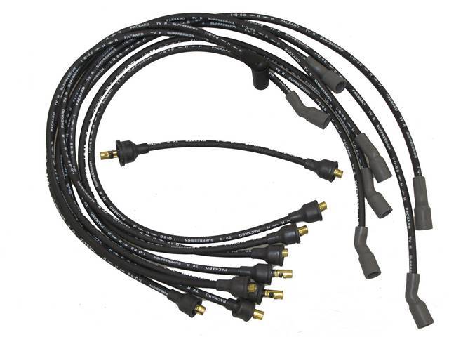 WIRE SET, Spark Plug, OE Correct, features black wires w/ *PACKARD*, *TVR*, *SUPPRESSION*, *H* w/ a lightning bolt and *1-Q-68* date code, Repro