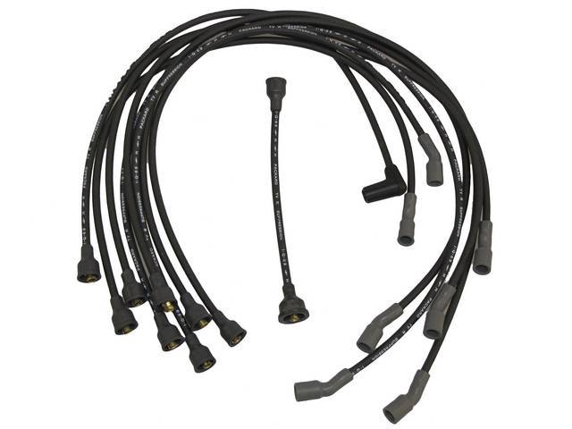 WIRE SET, Spark Plug, OE Correct, features black wires w/ *PACKARD*, *TVR*, *SUPPRESSION*, *H* w/ a lightning bolt and *1-Q-69* date code, Repro