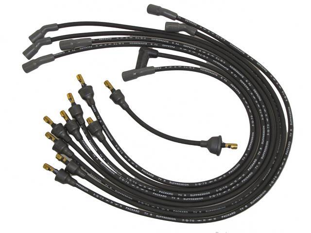 WIRE SET, Spark Plug, OE Correct, features black wires w/ *PACKARD*, *TVR*, *SUPPRESSION*, *H* w/ a lightning bolt and *3-Q-70* date code, Repro