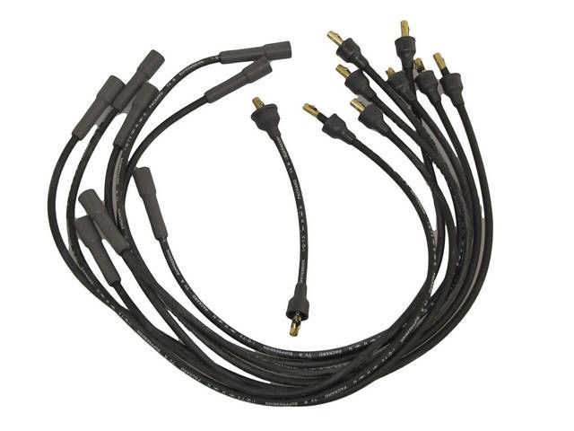 WIRE SET, Spark Plug, OE Correct, features black wires w/ *PACKARD*, *TVR*, *SUPPRESSION*, *H* w/ a lightning bolt and *1-Q-73* date code, Repro