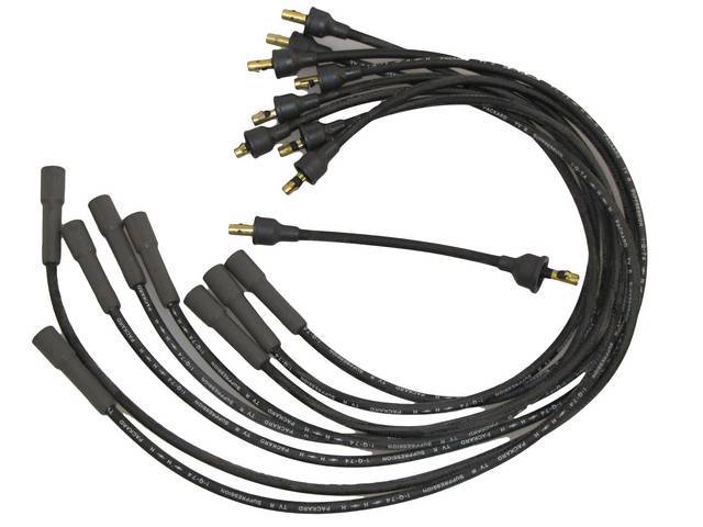 WIRE SET, Spark Plug, OE Correct, features black wires w/ *PACKARD*, *TVR*, *SUPPRESSION*, *H* w/ a lightning bolt and *1-Q-74* date code, Repro
