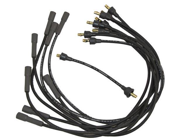 WIRE SET, Spark Plug, OE Correct, features black wires w/ *PACKARD*, *TVR*, *SUPPRESSION*, *H* w/ a lightning bolt and *3-Q-73* date code, Repro
