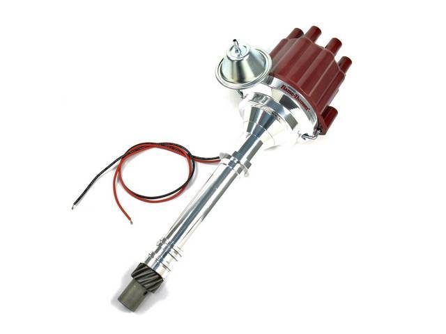 DISTRIBUTOR, Pertronix, Billet W/ Red Female Style Cap (Use Std Spark Plug Wires), 5 Inch O.D. on Cap, 8 Inch Height From Base Collar to Top of Cap