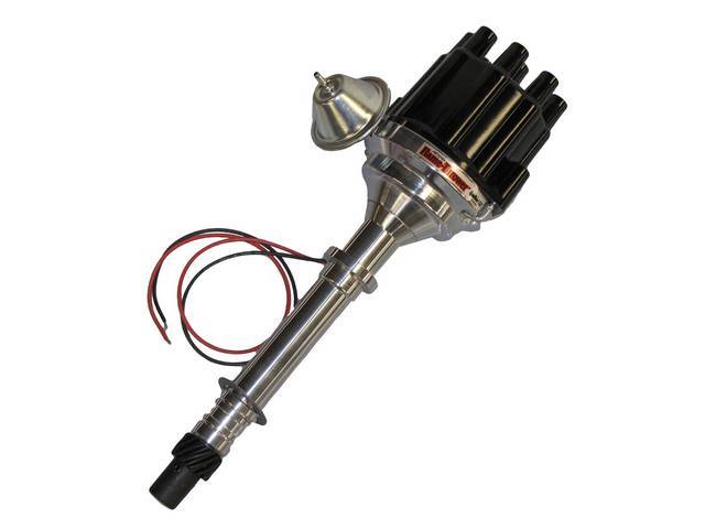 DISTRIBUTOR, Pertronix, Billet W/ Black Female Style Cap (Use Std Spark Plug Wires), 5 Inch O.D. on Cap, 8 Inch Height From Base Collar to Top of Cap