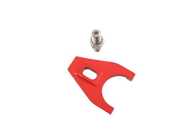 Distributor Mount Clamp, Red Powder Coated Zinc Alloy, includes hold down stud and nut, reproduction for GM V8 engines