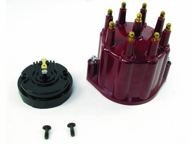 CAP AND ROTOR KIT, Distributor, Pertronix, Red male cap (uses H.E.I. plug wires), works w/ 8 cyl Delco points style / Pertronix plug and play distributor