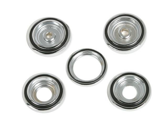 Dash Bezel Set, die cast and chrome plated, (5) incl bezels for lighter, head lights, wiper, and a two piece set for the radio, reproduction for (1966)