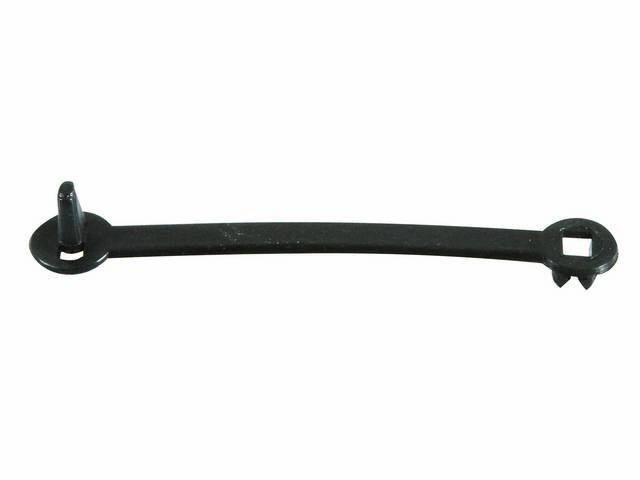CLIP / STRAP, Engine Wire Harness / Vacuum Lines, 2.75 inch length, used in multiple locations in the engine bay, black plastic, repro