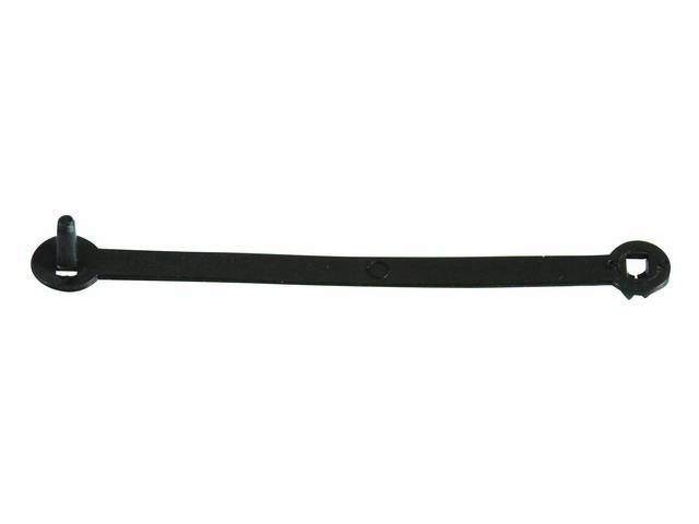 CLIP / STRAP, Engine Wire Harness / Vacuum Lines, 3.75 inch length, used in multiple locations in the engine bay, black plastic, repro