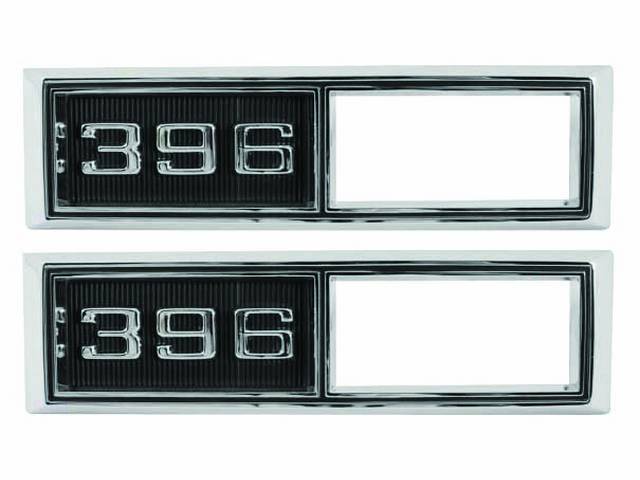 BEZEL SET, Side Marker Light, Chrome W/ *396* Designation in White Lettering and Black Background, Front, US-made OE Correct Repro