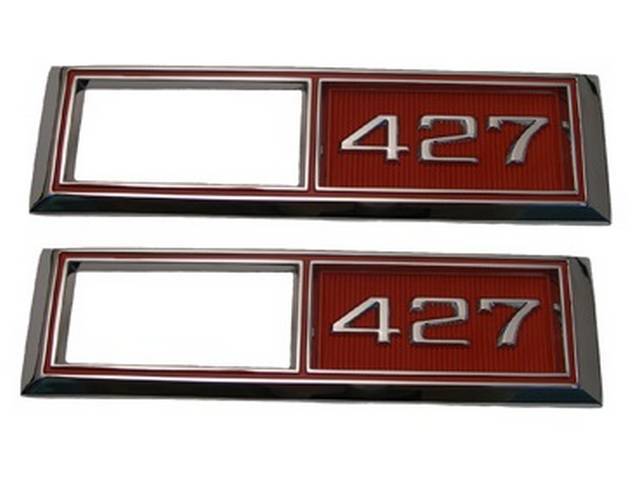 BEZEL SET, Side Marker Light, Chrome W/ *427* Designation in White Lettering and Red Background, Front, US-made OE Correct Repro