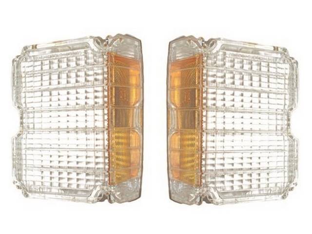 LENS SET, Parking Light, 2nd Design, Concours Correct clear lens w/ *SAE* and *GUIDE* lettering and amber side reflectors, replaces GM p/n 5965683 / 5965684, US-Made Repro