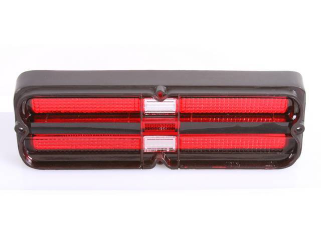 LENS, Tail Light, RH or LH, features *SAE* and *GUIDE* lettering w/ black surround and stainless trim, repro