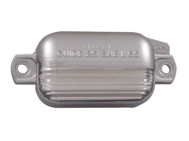 LENS, Rear License Light, features correct *GUIDE* markings, replaces original GM p/n 5956698, repro