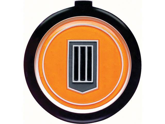 Horn Cap / Door Panel Ornament, Camaro *Tri-Bar* with Black bars on orange blackground, OER reproduction
