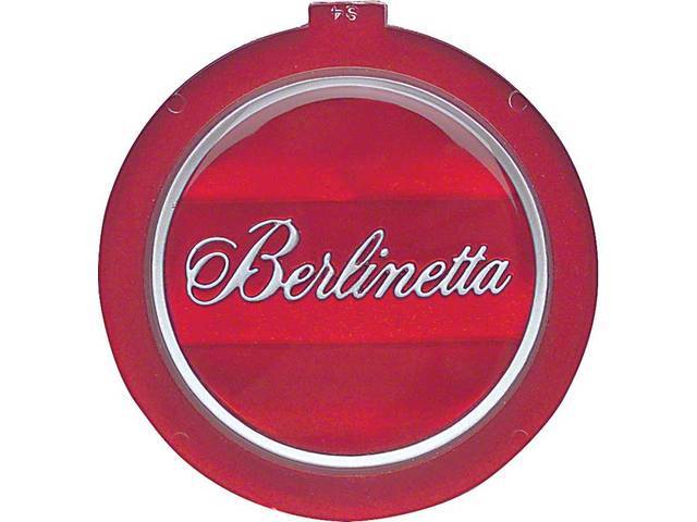 Horn Cap / Door Panel Ornament, *Berlinetta* in silver on red background, OER reproduction