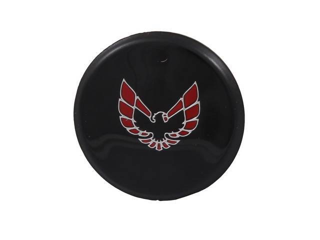 ORNAMENT, Horn Button, Formula Steering Wheel, *Red Bird*, red and black bird w/ chrome accents on a black background, self-adhesive, OE-correct Lucite repro
