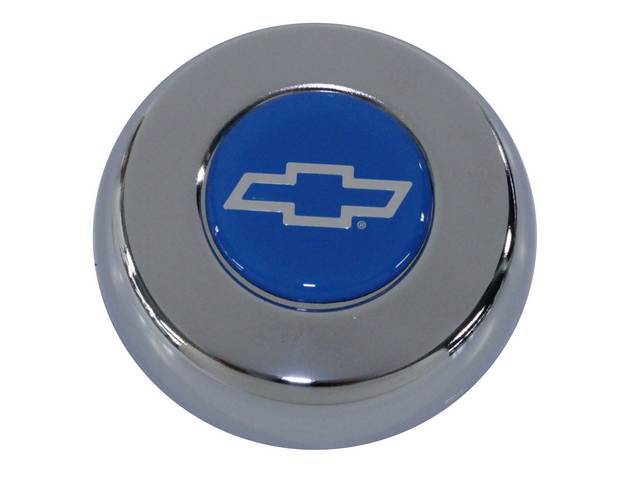 CAP, Horn, Grant Classic (C-6513-01A / -02A) or Challenger Wheels, Features a silver bowtie w/ blue background on a chrome cap