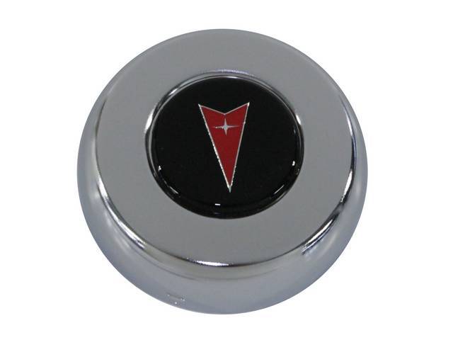 CAP, Horn, Grant Classic (C-6513-01B / -02B) or Challenger Wheels, Features a red Pontiac *Arrowhead* w/ black background on a chrome cap