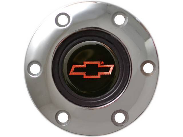Volante Horn Cap, S6 Sport 6 Bolt Series, Chrome Surround W/ Red Bowtie on a Black Background Center Cap
