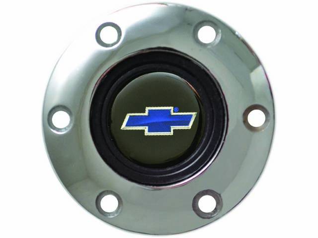 Volante Horn Cap, S6 Sport 6 Bolt Series, Chrome Surround W/ Blue Bowtie on a Black Background Center Cap