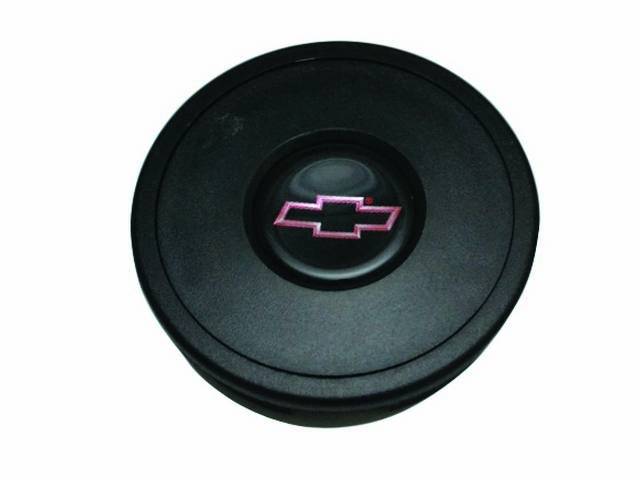 HORN CAP, Volante, S9 Premium 9 Bolt Series, Black Surround W/ Red Bowtie on a Black Background Center Cap